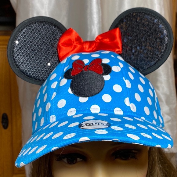 NWT Disney Minnie Mouse PARK Cap with Sequenced EARS! Blue/White Polka Dots💙❤️ - Picture 4 of 11